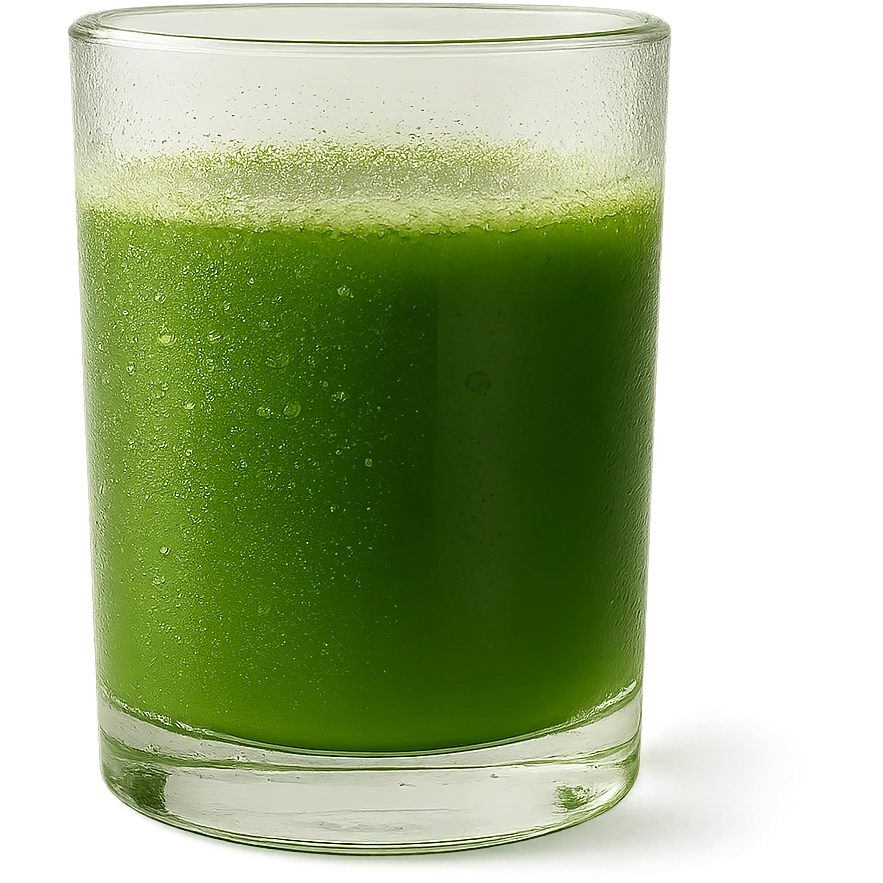 a clear glass of matcha tea, side view, condensation on glass, vivid green tea, modern style emoji