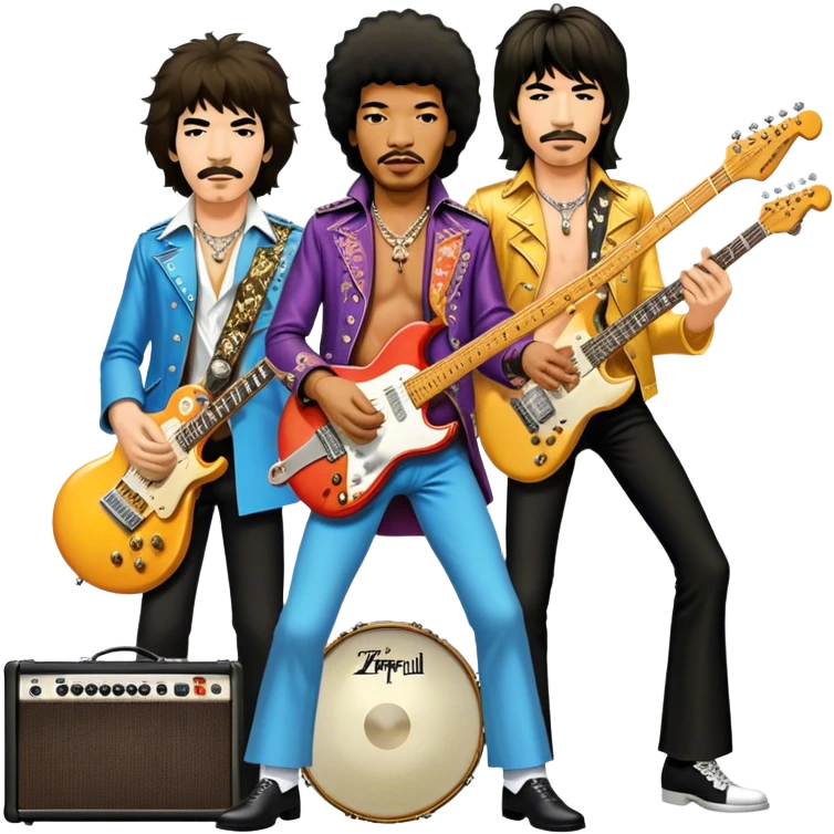 Rock music icon: powerful stage with electric guitars, drums, and amplifiers. Collage of rock icons—Jimi Hendrix, Led Zeppelin, Nirvana, and The Rolling Stones—symbolizing the energy and rebellion of rock. Transparent background. emoji