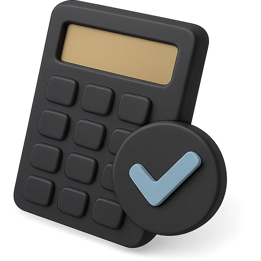 a calculator with a check mark in 3D black style with a light blue check mark emoji