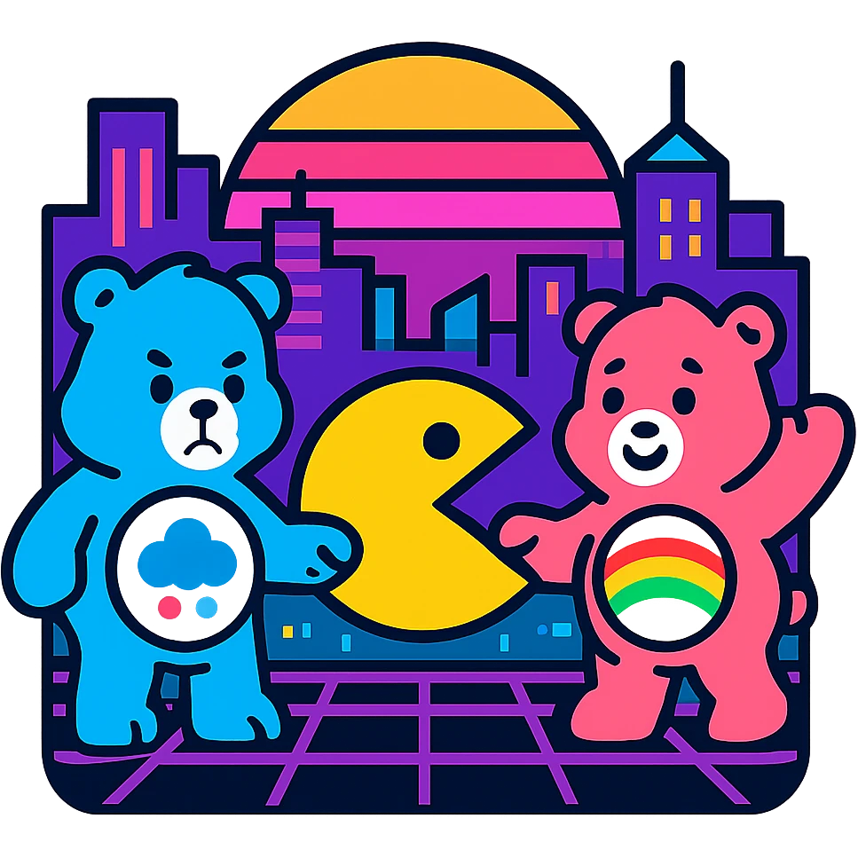 Care Bears and Pacman in a neon 80's sci-fi cityscape, vibrant colors emoji