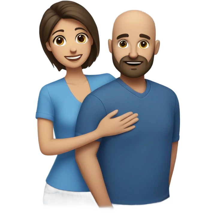 Comforting hug from brunette Puerto Rican with dark brown eyes wearing a cute blue blouse to short, bald man with brown eyes, laugh lines, and a beard emoji