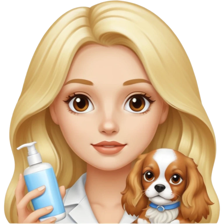Very pretty blonde bombshell girl with long hair wearing skin care, lotion, on her face and holding a Blenheim cavalier emoji