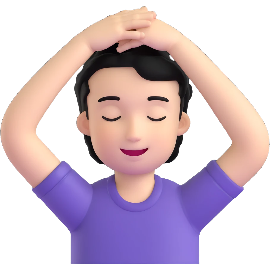 white boy smiling with right hand behind head, black hair, closed eyes emoji