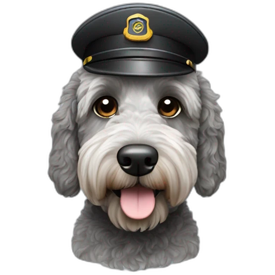 grey and black labradoodle dog with pilot cap on emoji