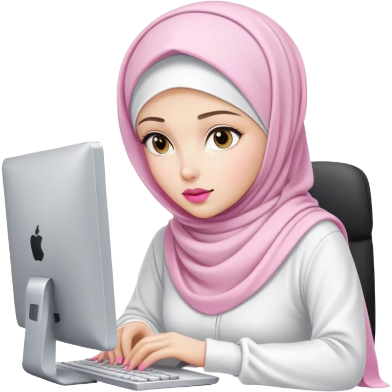 white skin hijab scarf woman working in computer. Her outfit is white, her lips is pink, her expression is focused on computer, her scarf color is white emoji