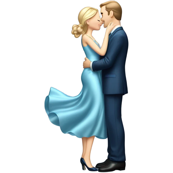 caucasian woman, in long slim pastel blue formal party satin dress with gradient shiny sparkling navy blue diamonds embroidered, full body full figure , and caucasian man in black dres on his knees asks her to marry her emoji