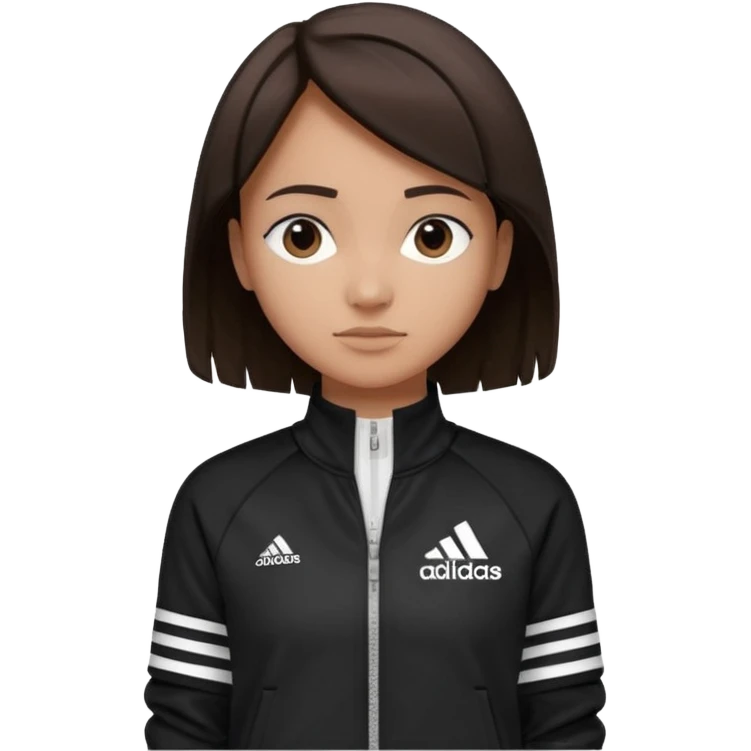 A girl with  medium-length, dark brown hair. The style is a soft, layered cut that falls around her shoulders. wore black Adidas track jacket with white stripes on the sleeves. It has a full zipper down the front, a stand-up collar, and the Adidas logo on the right chest emoji emoji