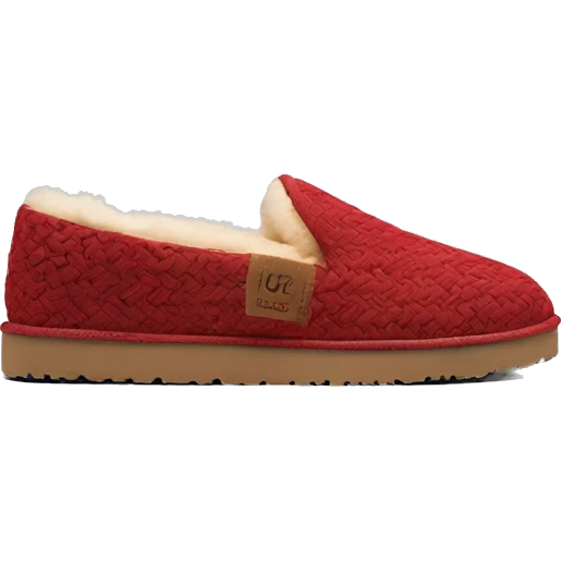 Camel platform slip-on UGG slippers. has a thin red woven zig-zag trim detail on the cuff emoji