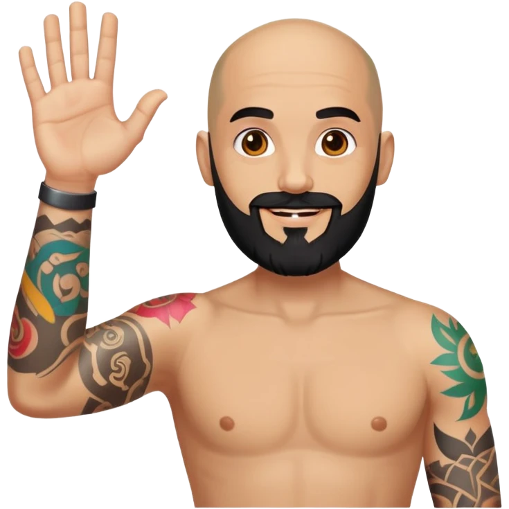 Bald man with black beard saying hi with colorful tattoo on forearm  emoji