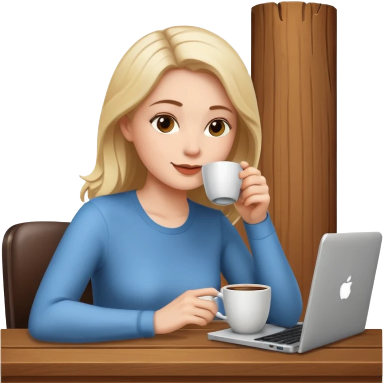 mujer blanca tomando un solo cafe y con un computador sentada en una mesa  emoji