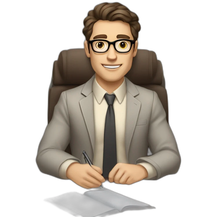Pale skinned Fit Man With dark brown hair in gray jacket, beige office shirt, Brown pants and vintage glasses sitting In a soft chair with a notebook on spring with emblem Ψ and a pen emoji