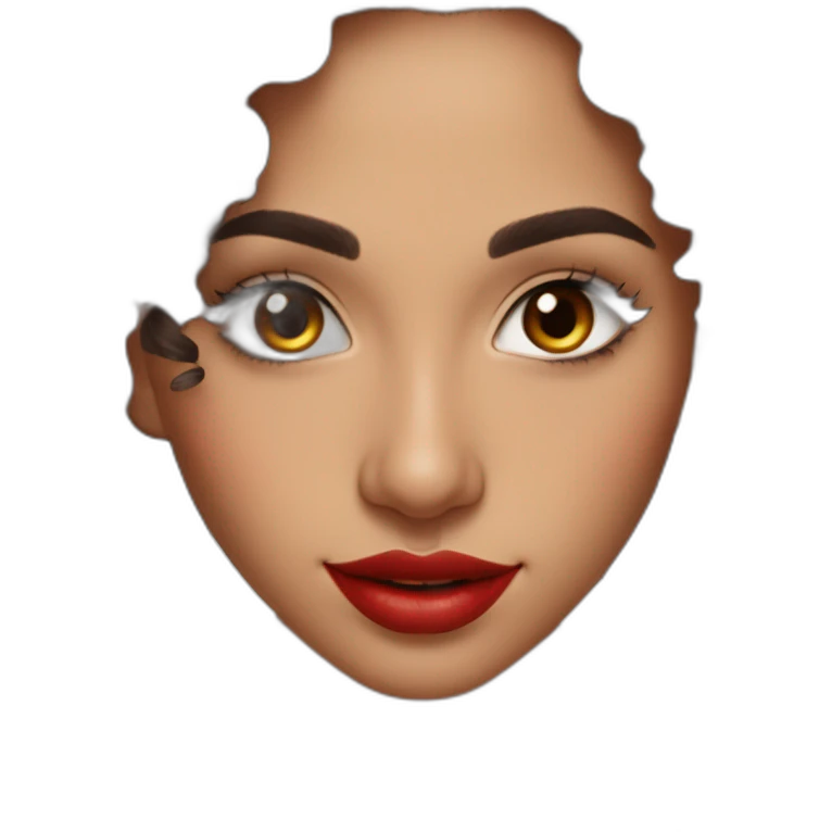 young moroccan woman with dark brown eyes, brown long curling hair with lighter tips, red lips, big smile, cleavage black dress emoji