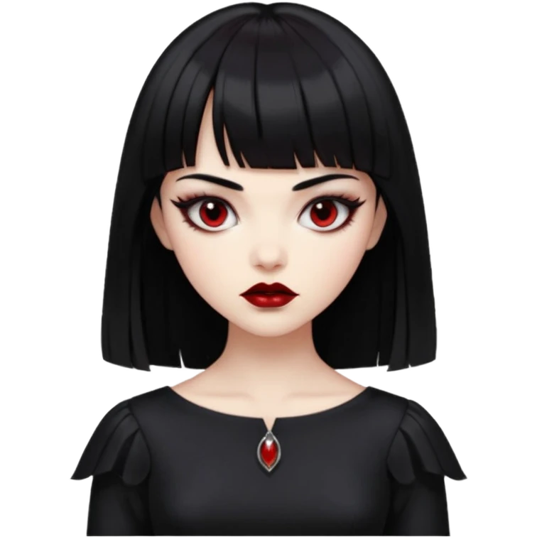 “Emoji girl, porcelain skin, sharp eyeliner, vampy deep red lips, straight jet-black hair with bangs, intense eyes, wearing black silk dress.” emoji