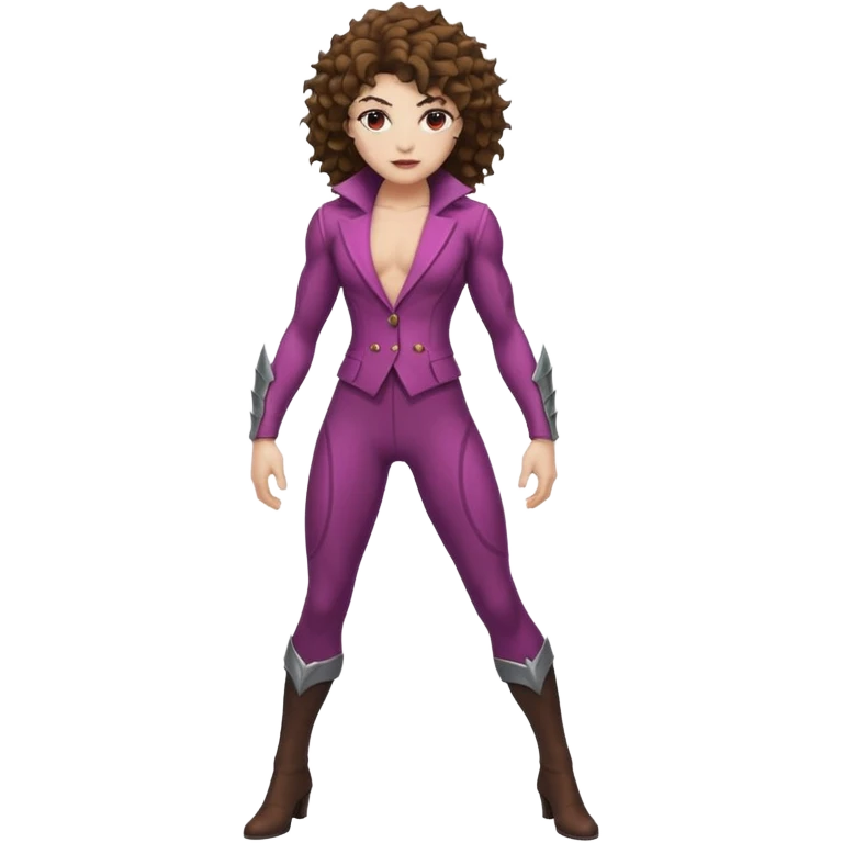 full body woman short curly brown mullet brown eyes white skin muscular build thorn berry rogue suit emoji