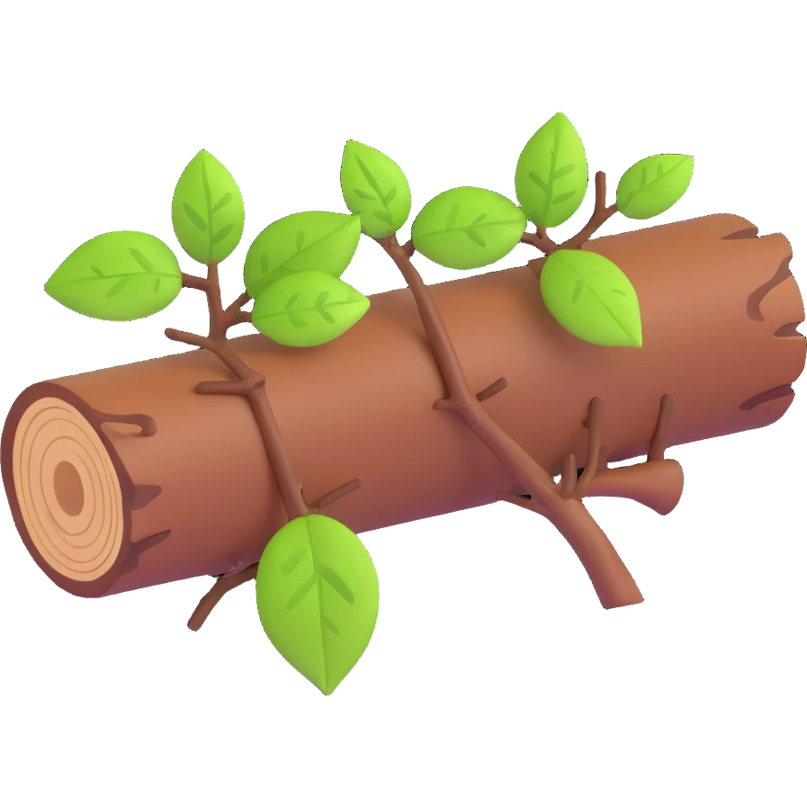 3D emoji style log with a small branch and green leaves emoji