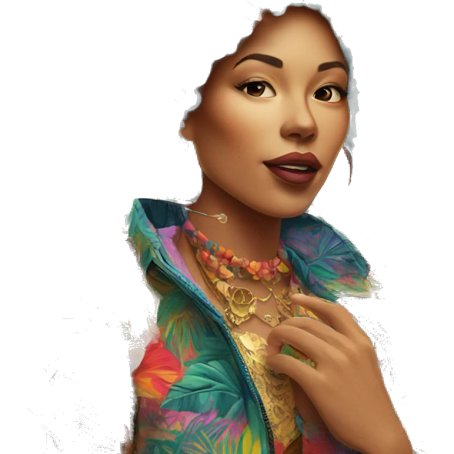 Person vaping wearing a colourful vibrant tropical patchwork of intricate vintage patterns, vape emoji