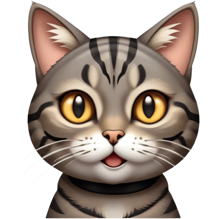 Cinematic Comical Grey and Black Brown Tabby Cat Portrait Emoji, Head tilted dramatically with an exaggeratedly shocked or offended expression, sleek grey-brown fur with bold black tabby stripes, wide amber eyes filled with exaggerated disbelief, Simplified yet hilariously expressive features, highly detailed, glowing with a slightly sassy glow, high shine, dramatic yet playful, stylized with an air of attitude, bright and endearing, soft glowing outline, capturing the essence of a sassy and over-the-top feline, so meme-worthy it feels like it could side-eye its way into internet fame instantly! emoji