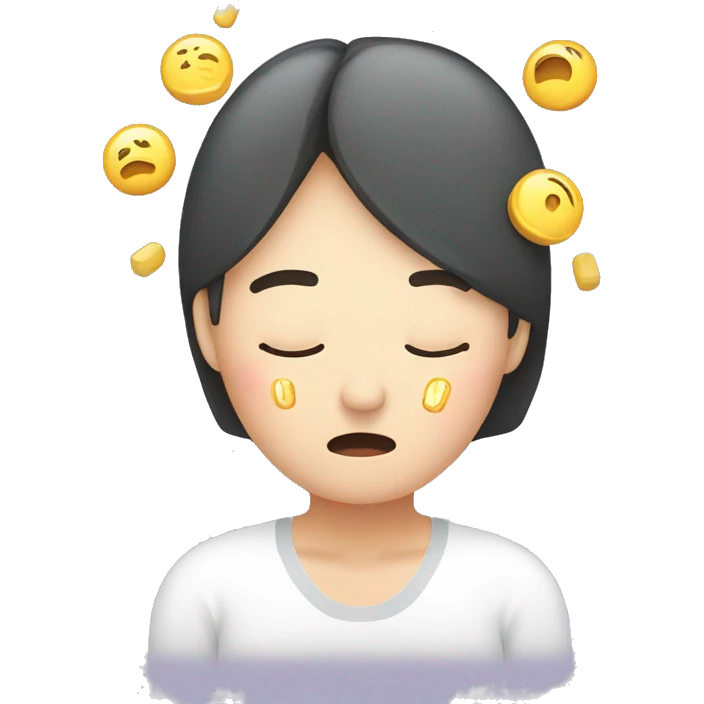 Headache, middle-aged Korean woman in her 40s, with one hand on her head, painful face + a medication in front of her to treat the headache emoji