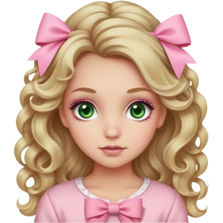 A dirty blonde girl, with long curls and green eyes and big lashes. A soft look and pink pastel clothes, with small pink bows in hair emoji