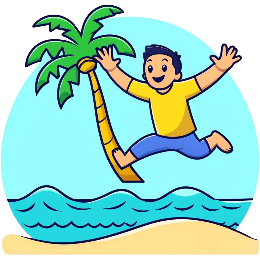 Fun cartoon character jumping happily on beach with waves and palm tree, bright colors emoji