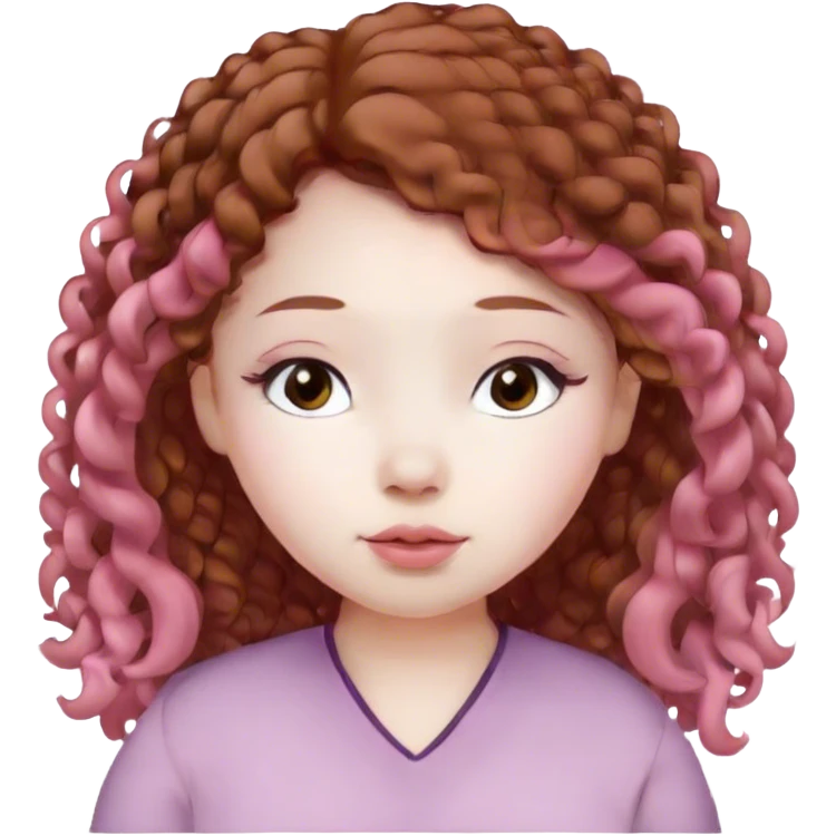 Girl with pale skin , little chubby cheeks and light pink blush, long brown curly hair, full light pink lips, small nose, close set brown eyes asian eyes, medium thickness eyebrows emoji