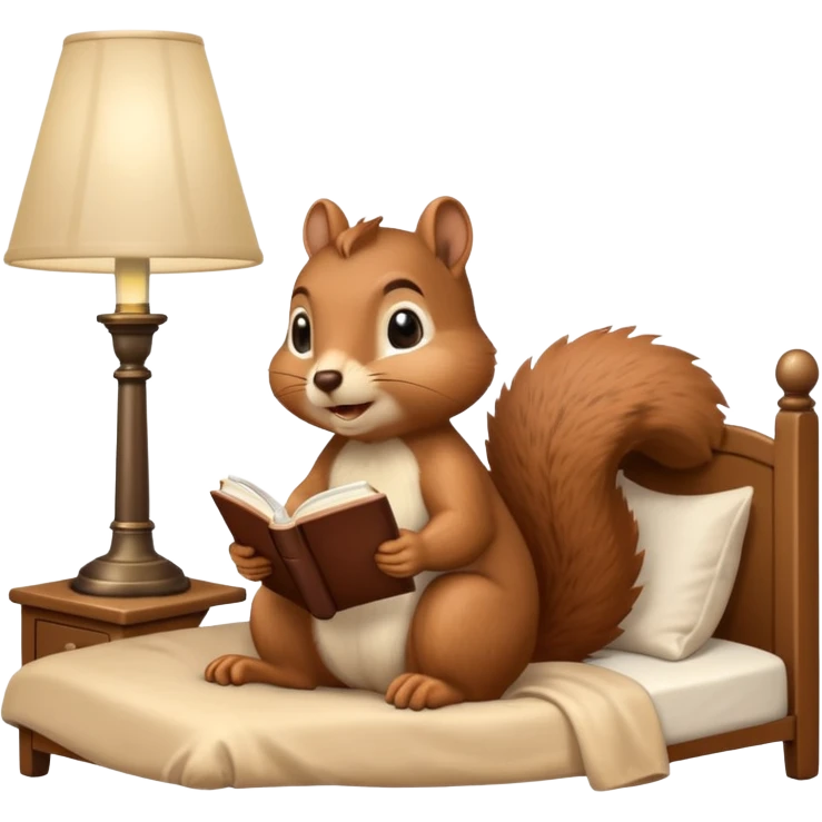 squirrel reading in bed with retro light lamp next to it emoji