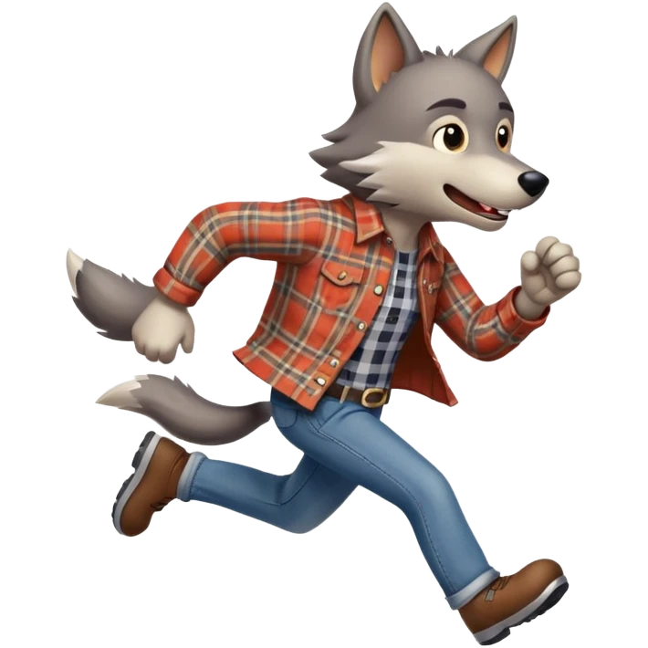 friendly anthropomorphised wolf in a plaid shirt and jeans running emoji