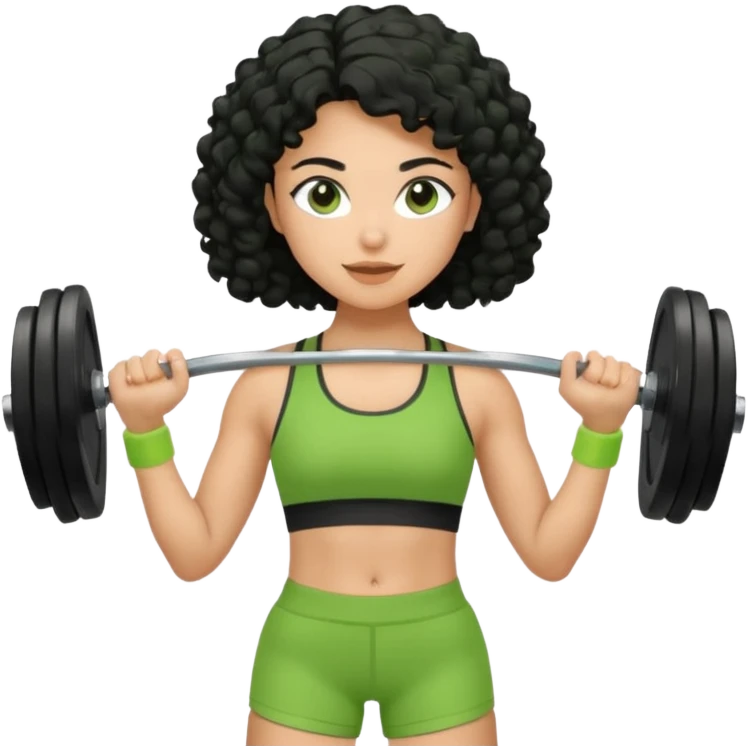 woman with olive skin and curly black hair wearing a green workout outfit (shorts) and lifting weights emoji