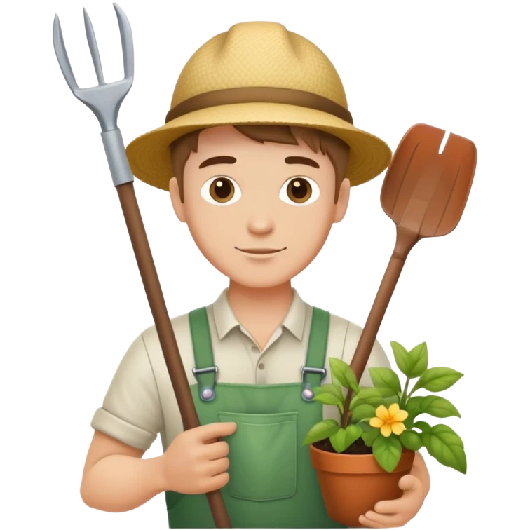 young white male gardener with gardening tools emoji