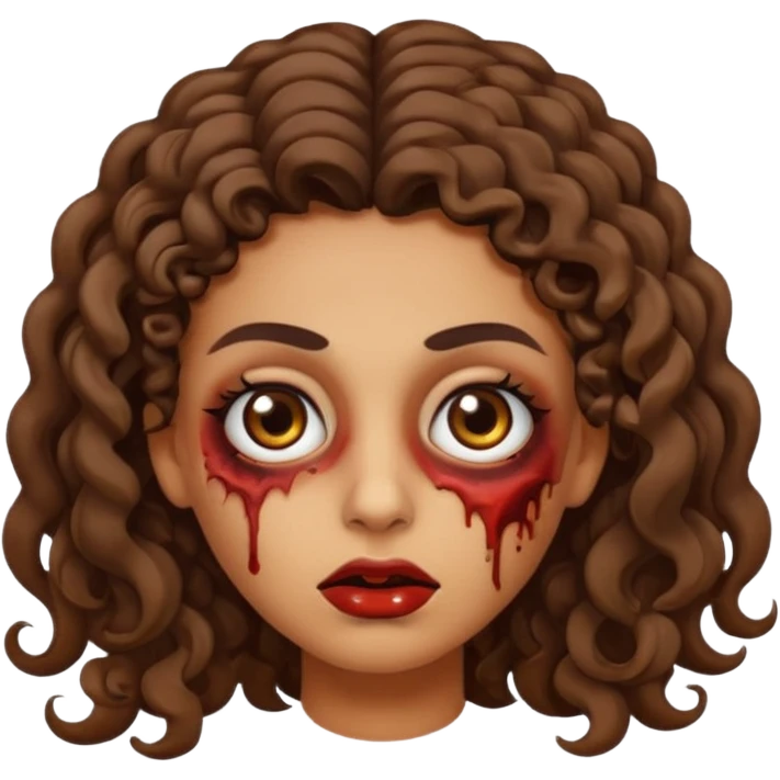 Create a zombie emoji inspired by a young woman with tanned skin, an oval face, large dark eyes, defined eyebrows, a small nose, and medium lips. Her hair should be long, curly, and brown.  emoji
