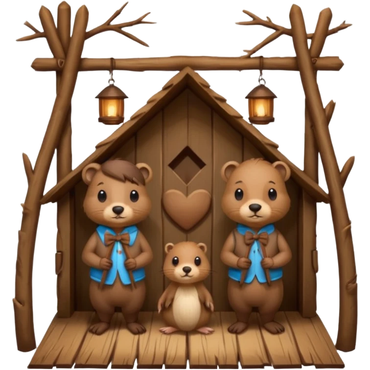  beaver man and female beaver with a bow in a wooden lodge made of sticks emoji
