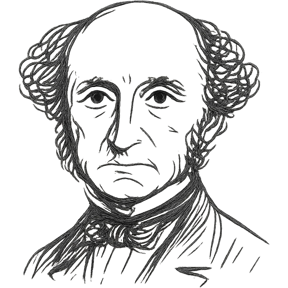 a hand drawn black outline portrait of philosopher John Stuart Mill with similar-sized eyes based a famous portrait of him, with fluffy hair emoji