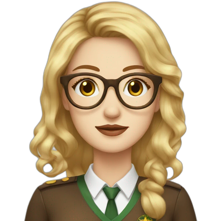chatain hair pale skin women golden rounded glasses with a coffee and starbuck uniform emoji