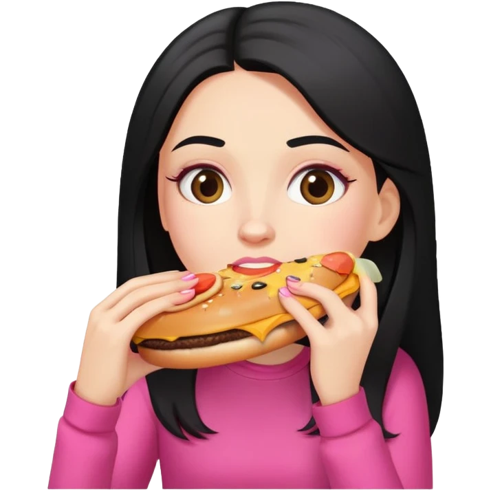 White girl in pink clothes and long black hair eating burger and pizza emoji