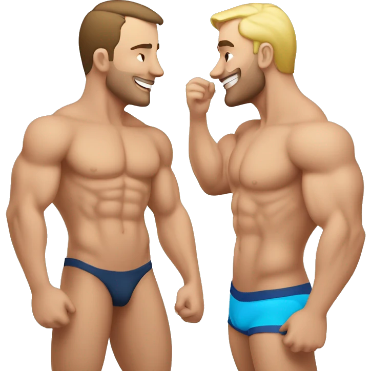 Caucasian Muscular gay men kissing wearing bikini emoji