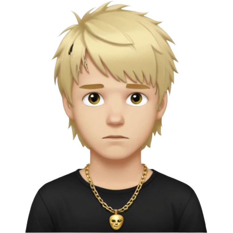 make a iphone emoji who is a white man that looks young with messy blonde medium hair with bangs, and a black punk shirt and a golden neckless emoji