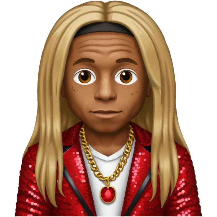 Lil Wayne with long dark blonde hair, red sequin outfit emoji