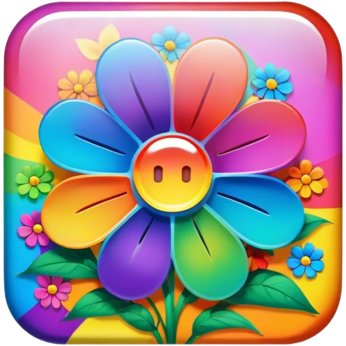 Beveled square shaped psychedelic colored button with rainbow colored flowers in the center emoji