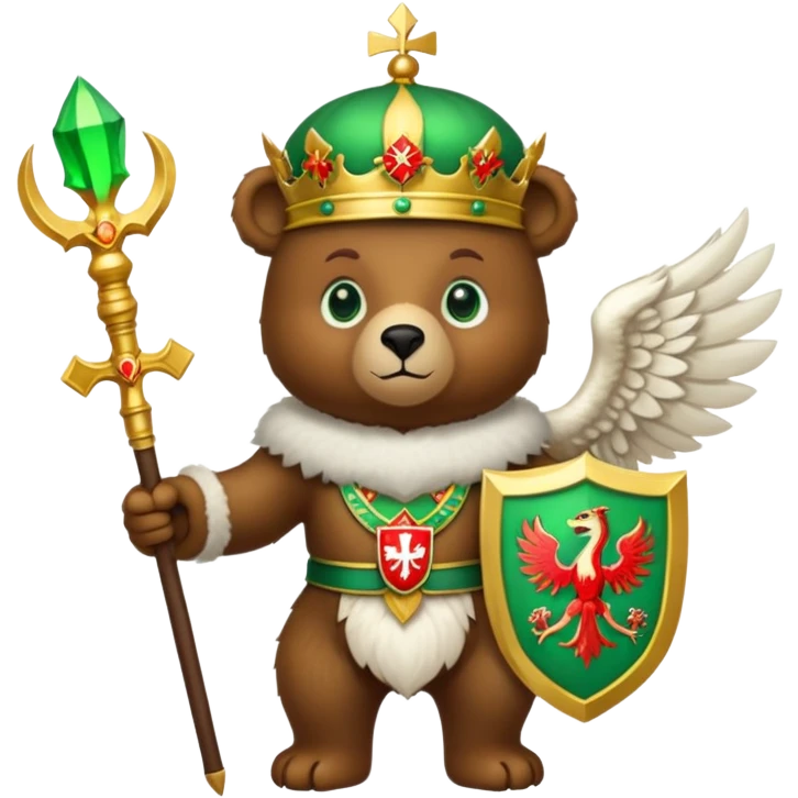 Endearing brown bear with bright green eyes, white fur hat with detailed Russian emblem: golden double-headed eagle with crowns, scepter, orb, and red shield with St. George slaying dragon, iOS emoji style emoji
