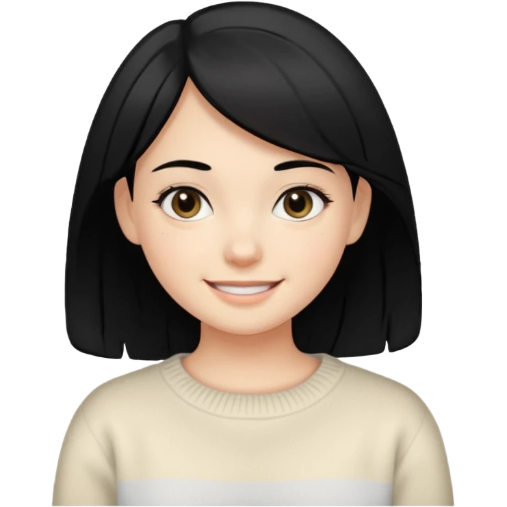 smiling girl with black hair, black eyes, cream colored sweater emoji