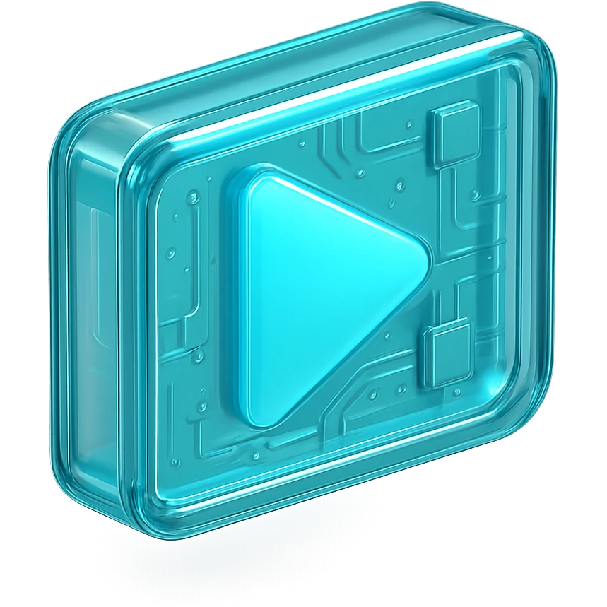Minimalist icon of a play button inside a video frame, cyan blue emoji