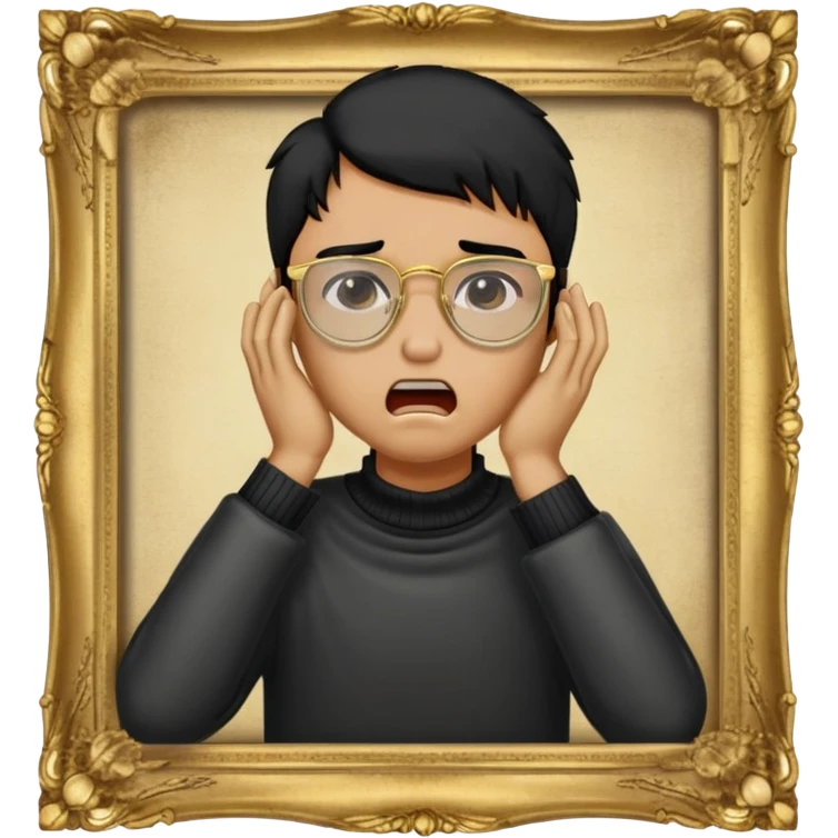 Make an apple choking emoji of a tan gender neutral person with black hair and gold frame glasses with their hand on their neck choking themselves  emoji
