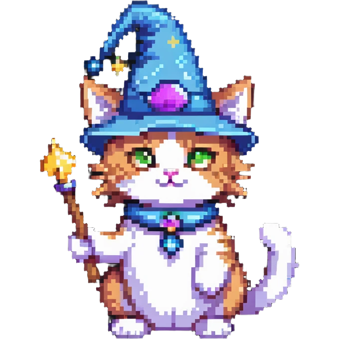 wizard cat with a pointy hat and magic wand emoji
