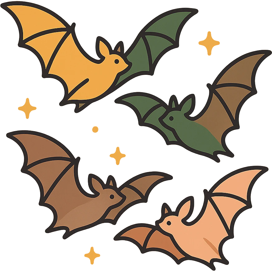 A group of flying bats in mid-air, illustrated in a stylized, artistic way using a warm, earthy color palette: golden orange (FA9B41), deep forest green (4A7C5C), muted taupe brown (96775A), and soft pastel peach (FFCC9A). The bats have sleek wings with subtle color gradients, and their bodies are small and streamlined, featuring elegant silhouettes. The sky around them has a magical, twilight glow with faint sparkles or mist, enhancing the enchanted atmosphere. The overall style is whimsical and soft, with a balance between natural and fantastical elements. emoji