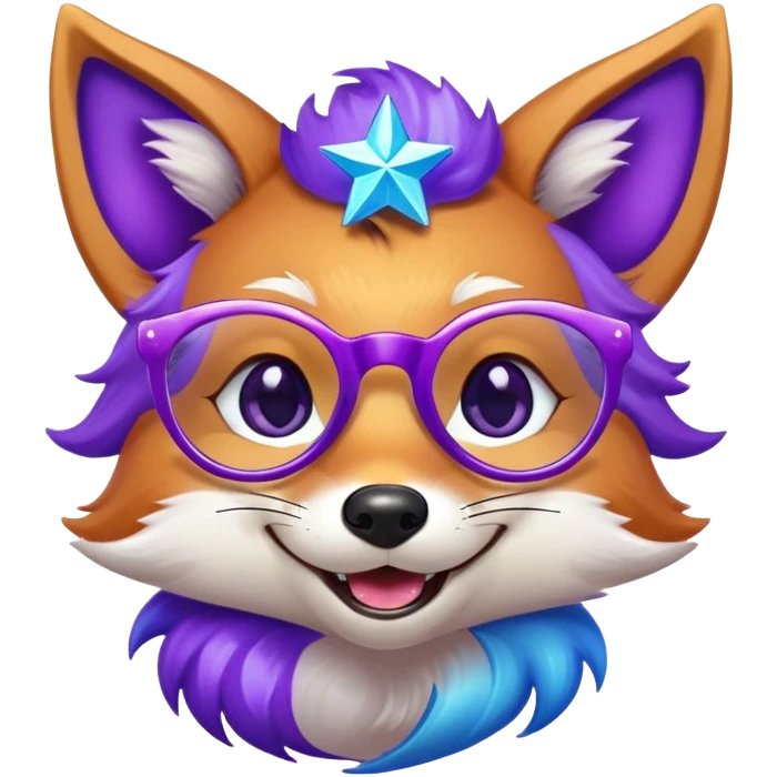 A magical fox with shimmering purple and blue fur, a glowing tail, a silver star on its forehead, and round glasses, laughing so hard that tears are streaming from its eyes emoji