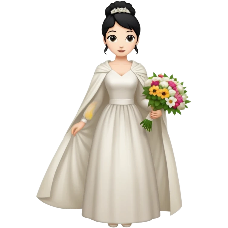 Chica blanca,cuerpo entero, vestido boda ,manga larga ,con estola, pelo negro,    ramo de flores una mano, pelo recogido en moño alto emoji