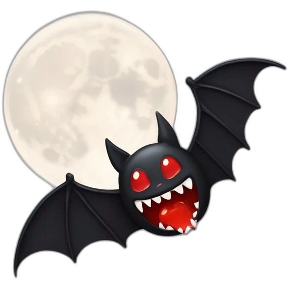 cartoonish black bat with sharp fang teeth dripping red slime in front of full moon emoji