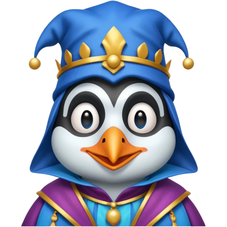 crazy colorful cute penguin jolly joker, medieval, vintage, court jester, mac os icon, blue color emoji