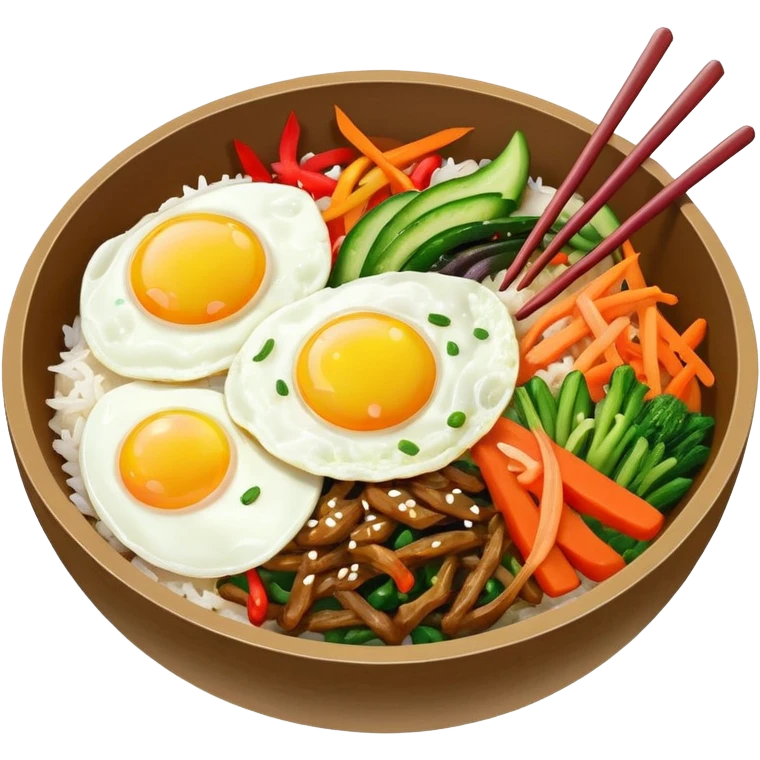 bowl of bibimbap with colorful vegetables and egg on rice, Korean food emoji