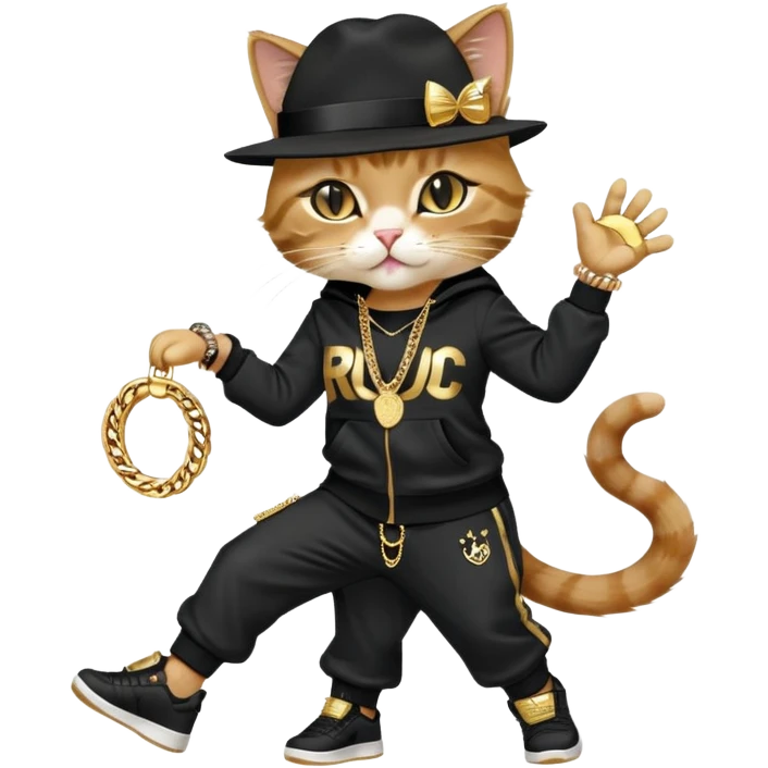 female cat dressed like Run DMC in tracksuit, fedora, Adidas shoes, lots of gold chains, rings, bracelets, earrings, dancing with a friend, no sunglasses emoji